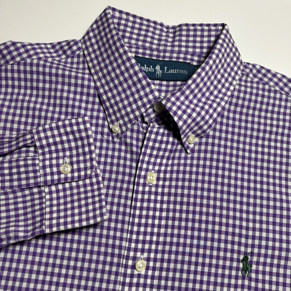 Ralph Lauren Gingham Check Purple White Men L Long Sleeve Button Down Pony Shirt